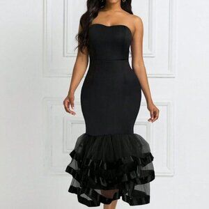 Black Preppy Womens Contrast Mesh Mermaid Hem Tube Dress